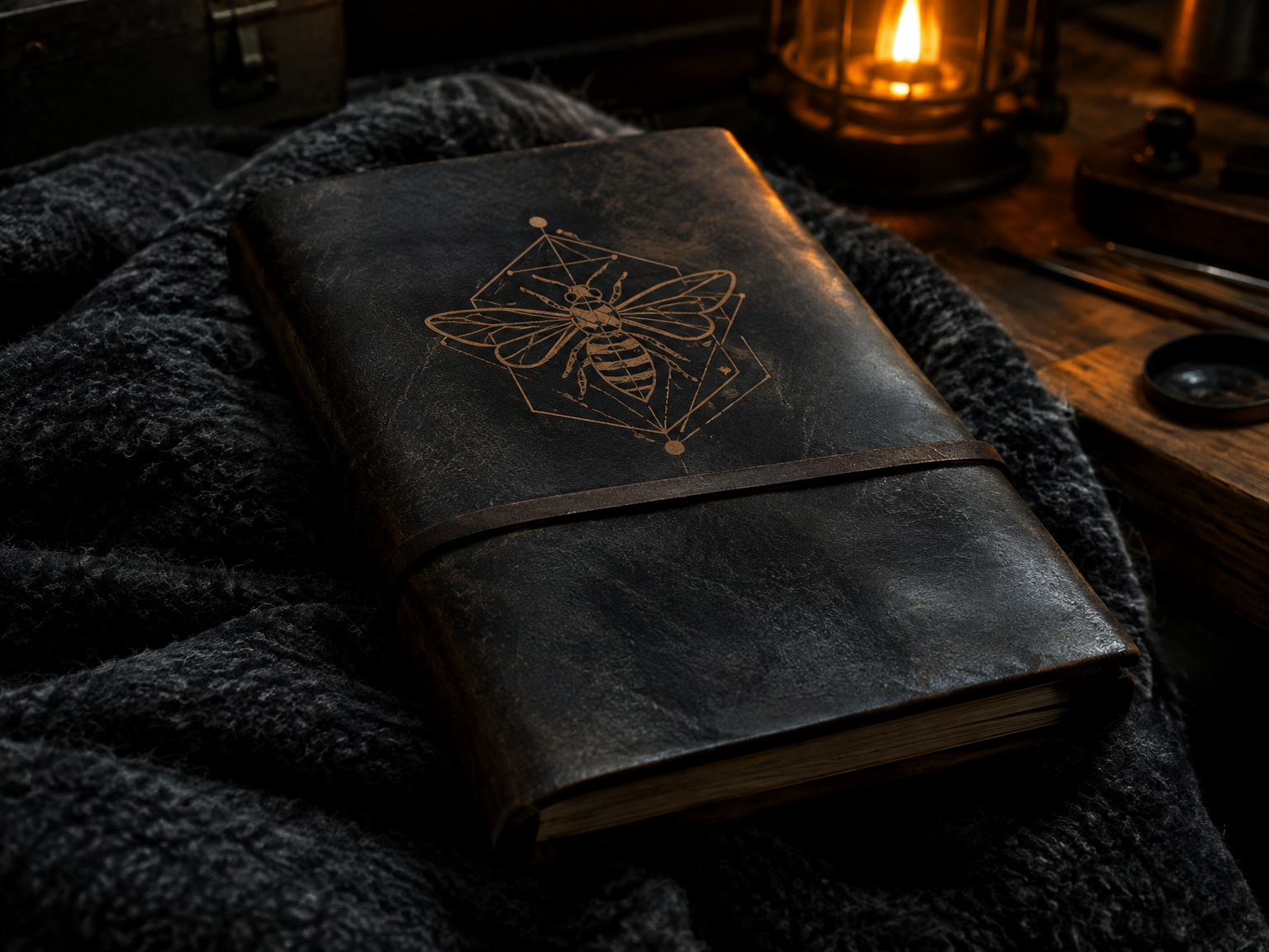 Engraved dark leather journal with geometric bee emblem