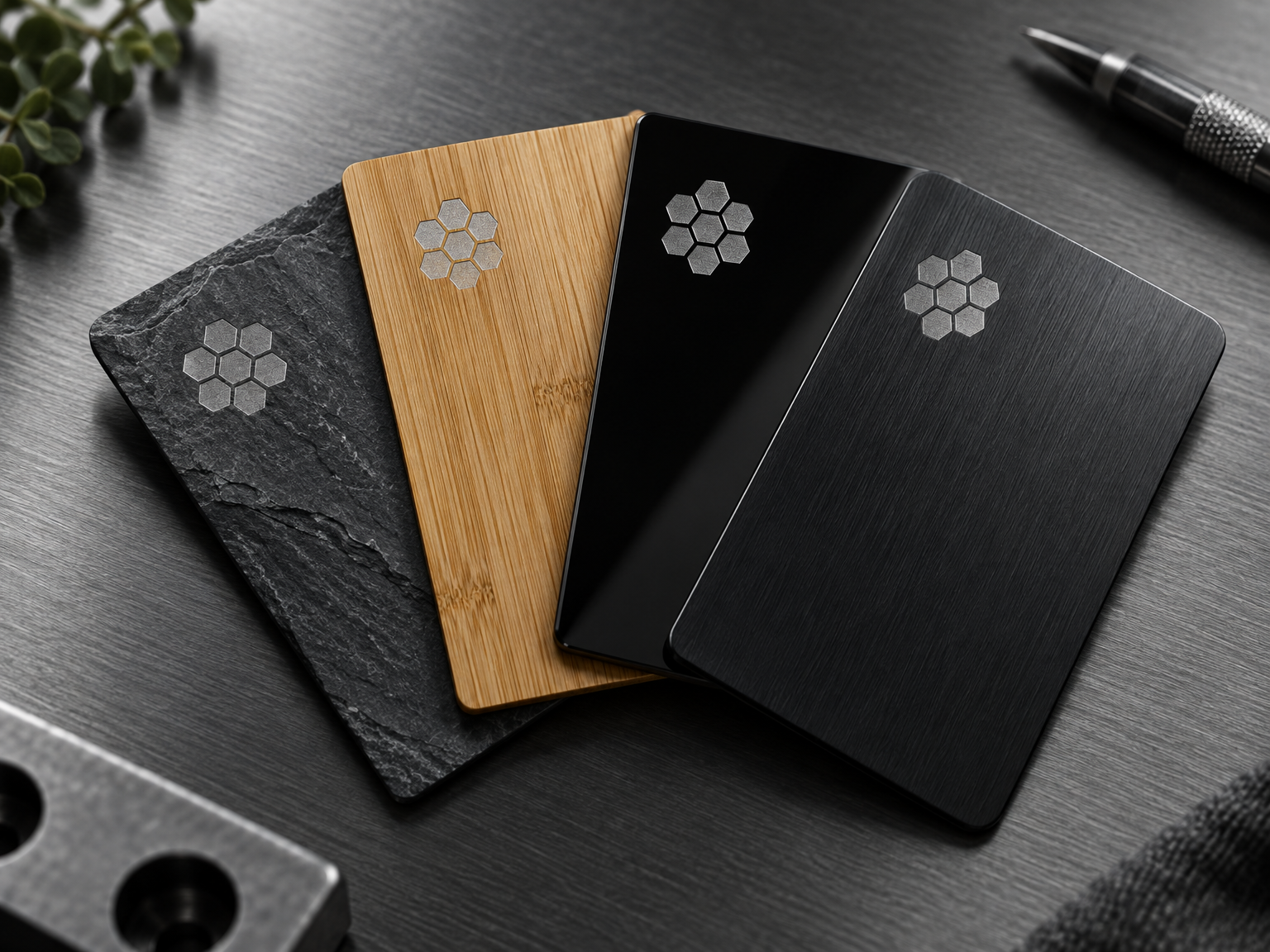 Engraved sample finishes laid out on the workshop bench
