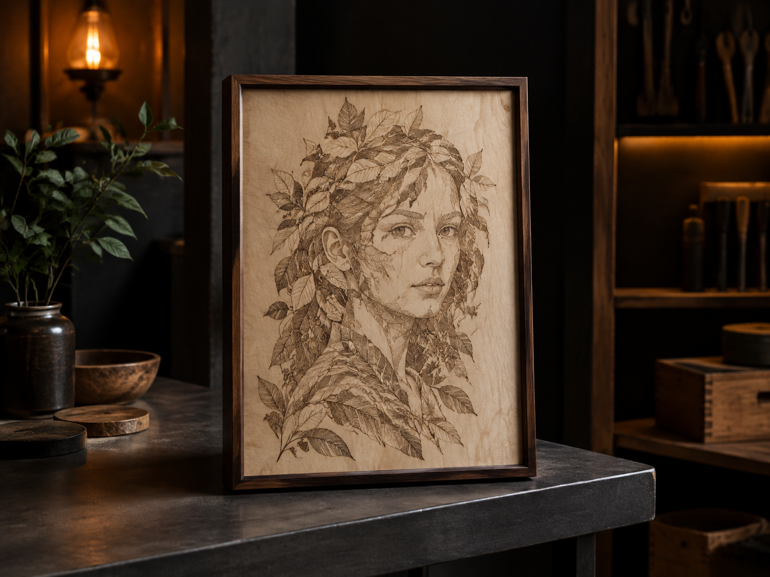 Framed laser-engraved leaf portrait artwork