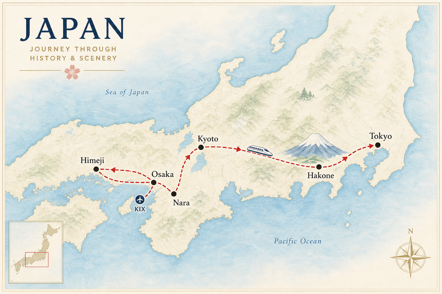 Illustrerad karta över resrutten genom Japan: Osaka, Himeji, Nara, Kyoto, Hakone och Tokyo med Shinkansen-förbindelser