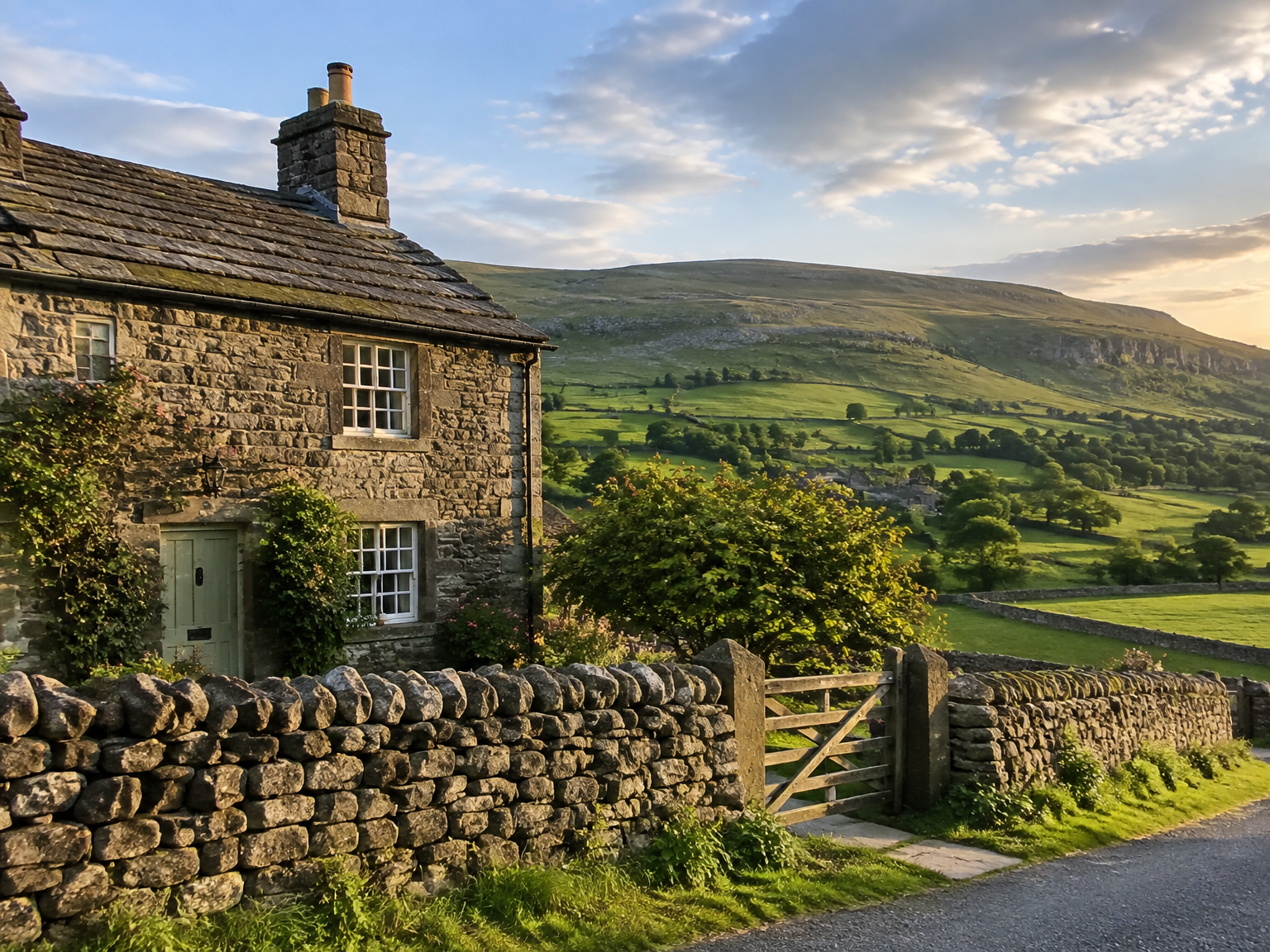 A stone cottage with dry stone walls in the Yorkshire Dales