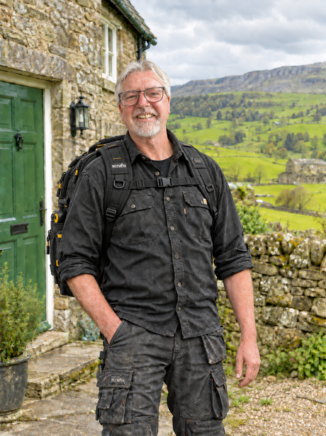 Local handyman with a toolbox outside a stone cottage in the Yorkshire Dales
