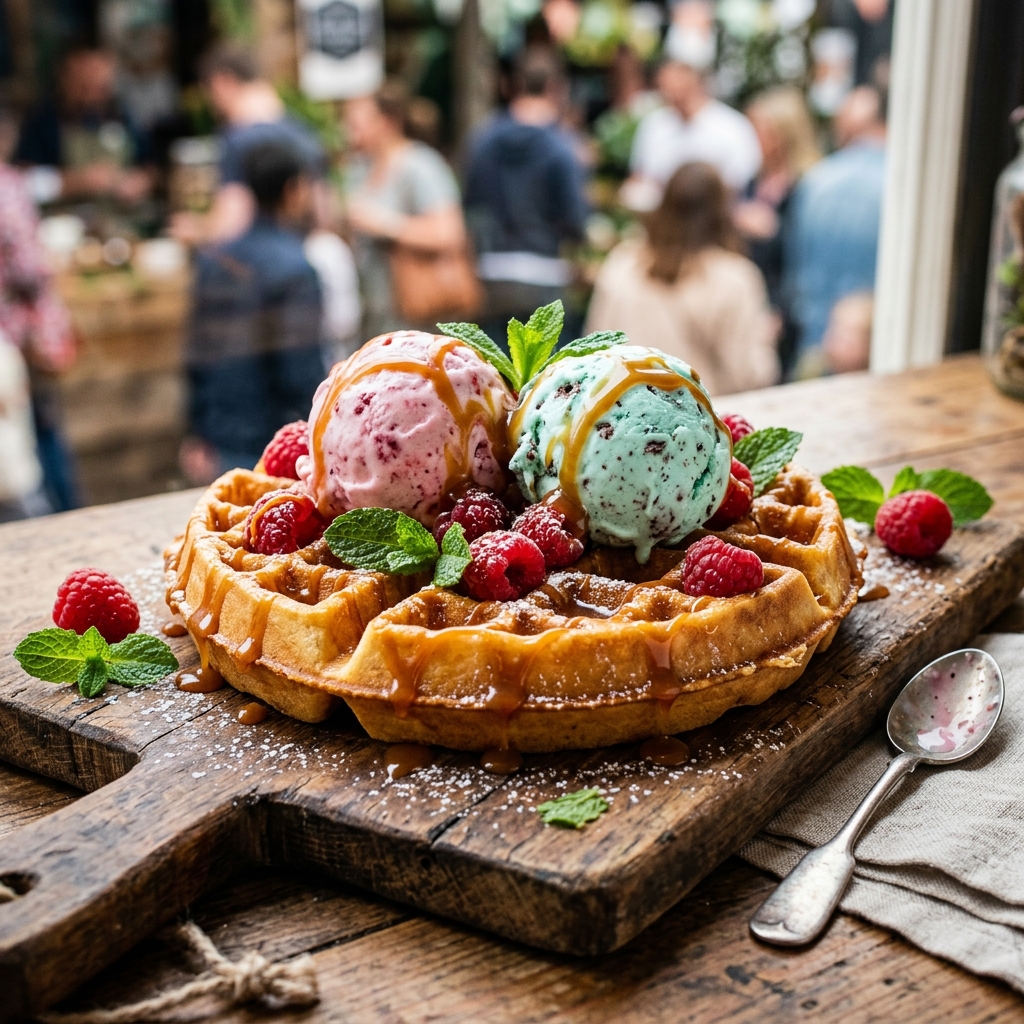 Wafel met eigen bereid roomijs en karamel
