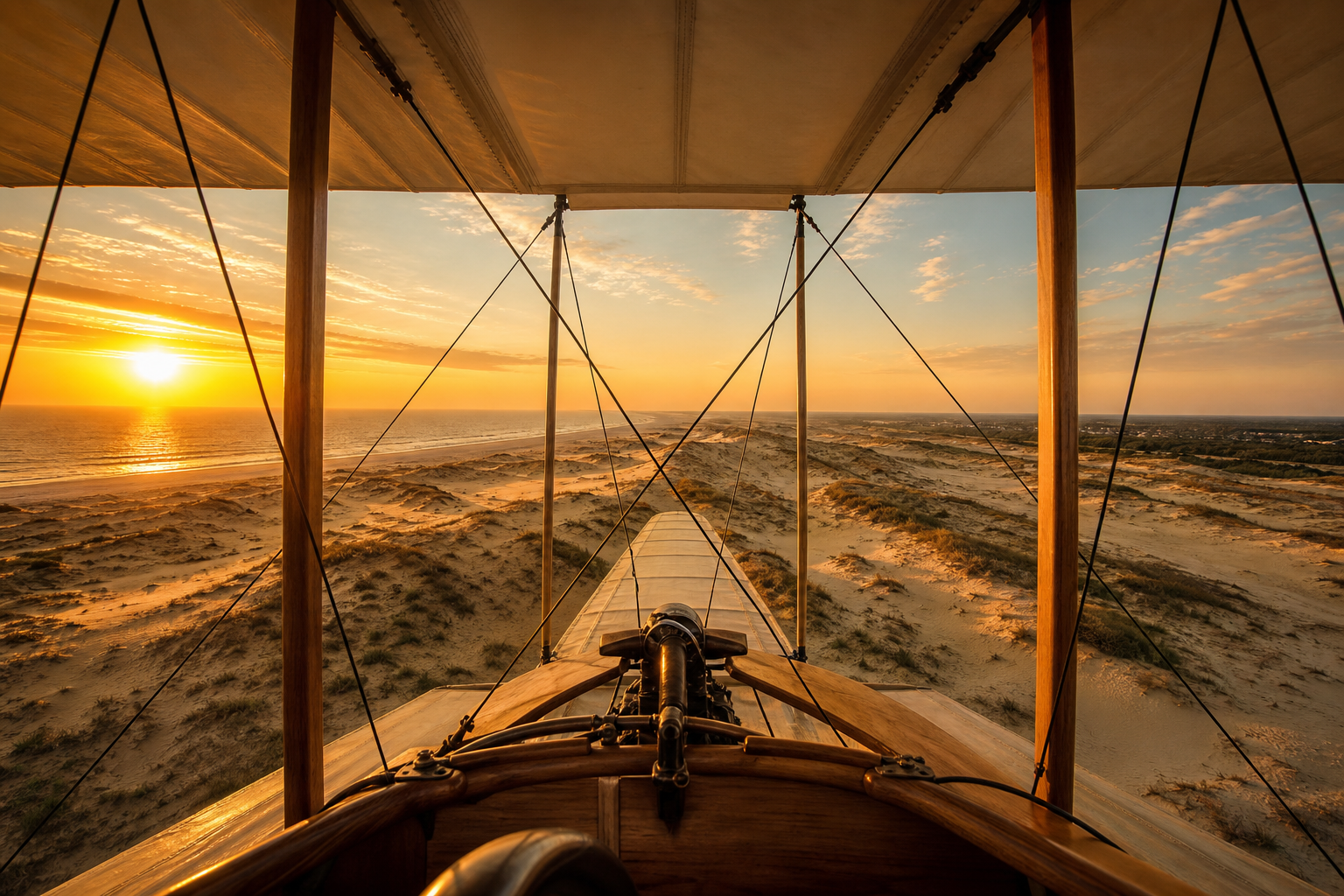 Biplane cockpit view over Kitty Hawk, North Carolina