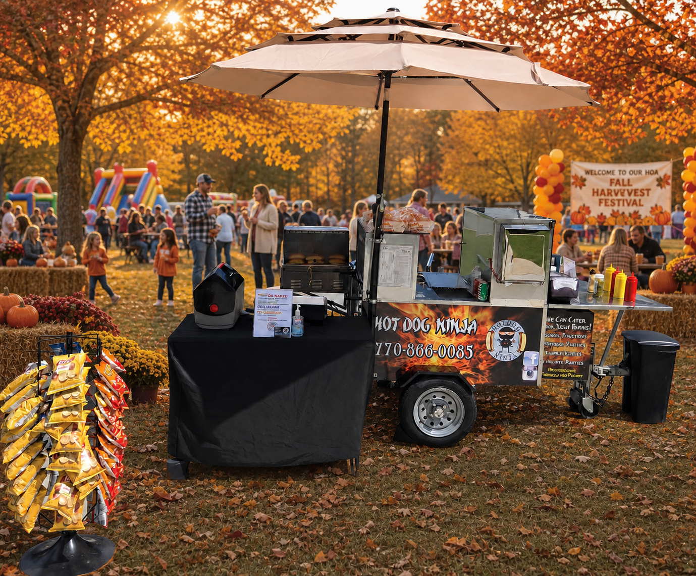 Hot Dog Ninja cart set up at a fall HOA harvest festival in North Georgia