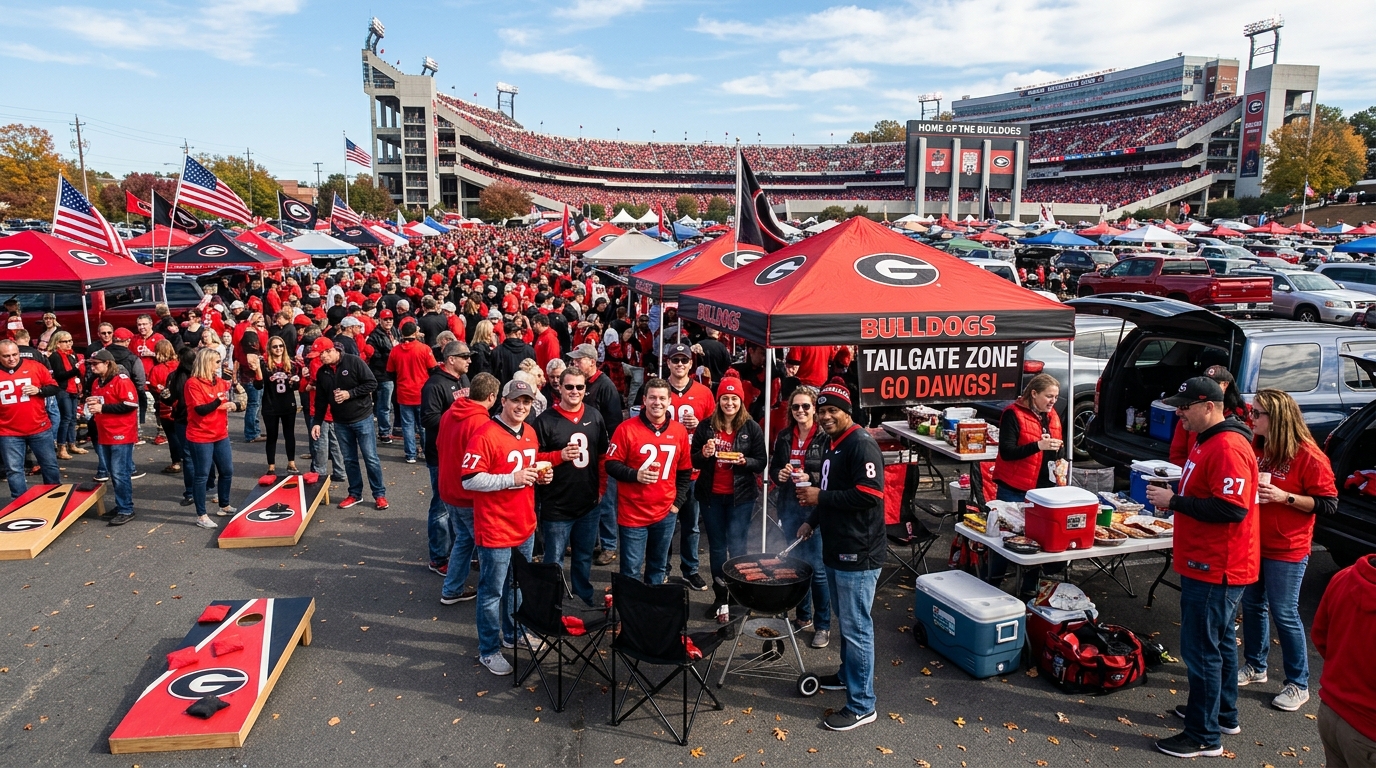 Red and black tailgate crowd in a stadium parking lot on game day
