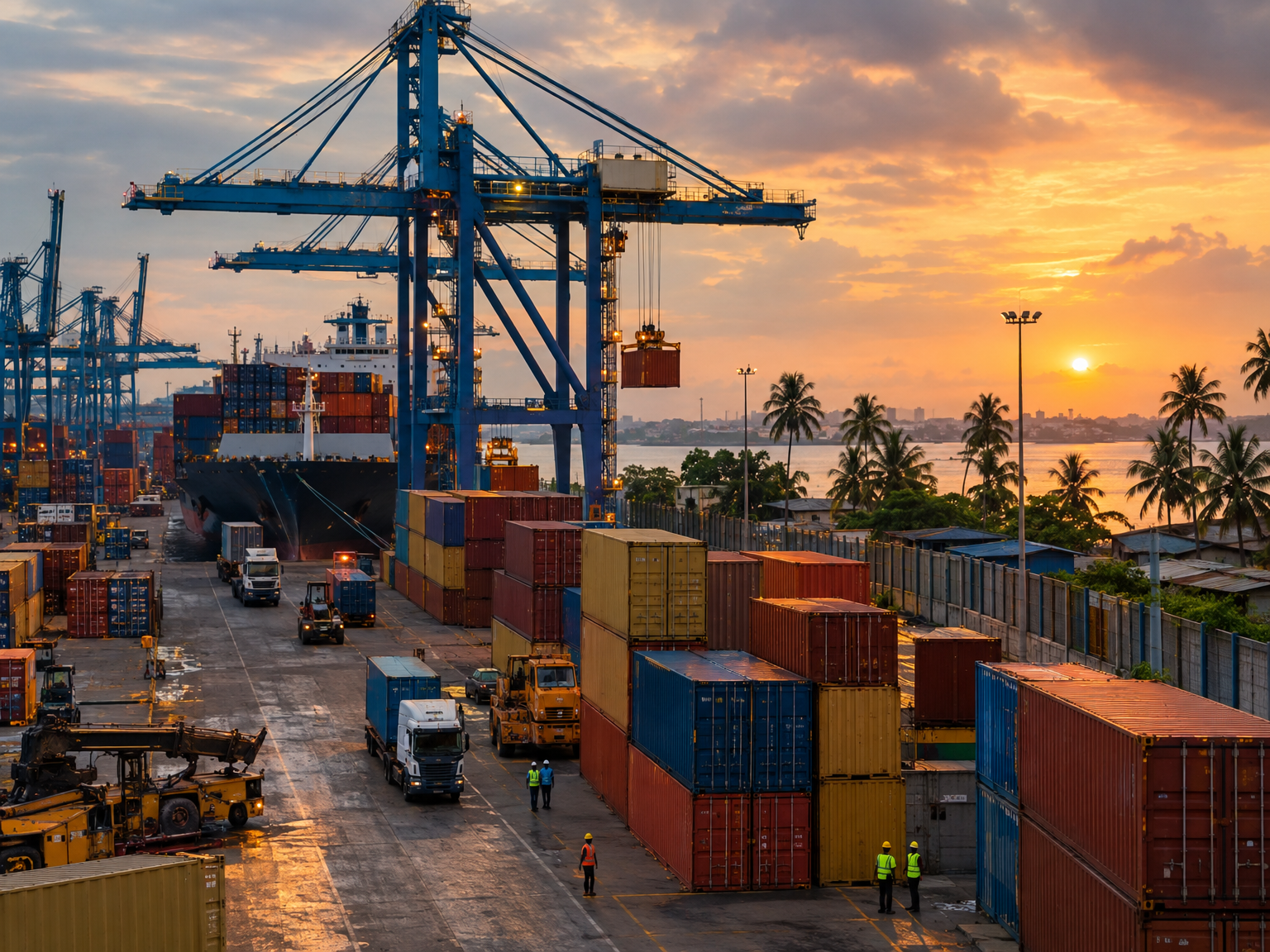Container terminal at the Port of Douala with gantry cranes and stacked containers