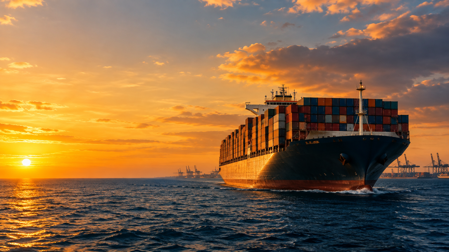 Container ship crossing the ocean at sunset