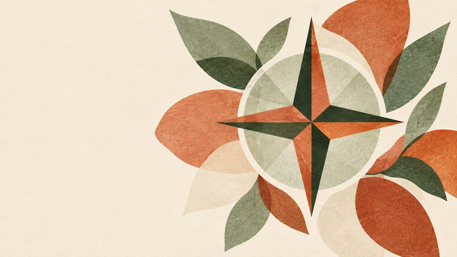 Illustration of a compass surrounded by overlapping organic shapes in green and terracotta