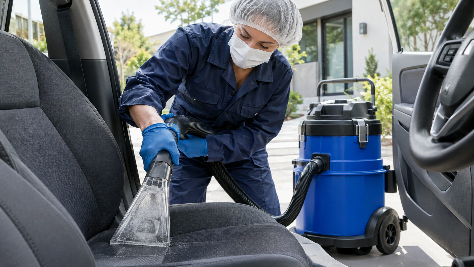 Technicus met bouffantmuts en medisch mondmasker reinigt een autostoel met transparant extractiehandstuk en de Santoemma Sabrina-Maxi