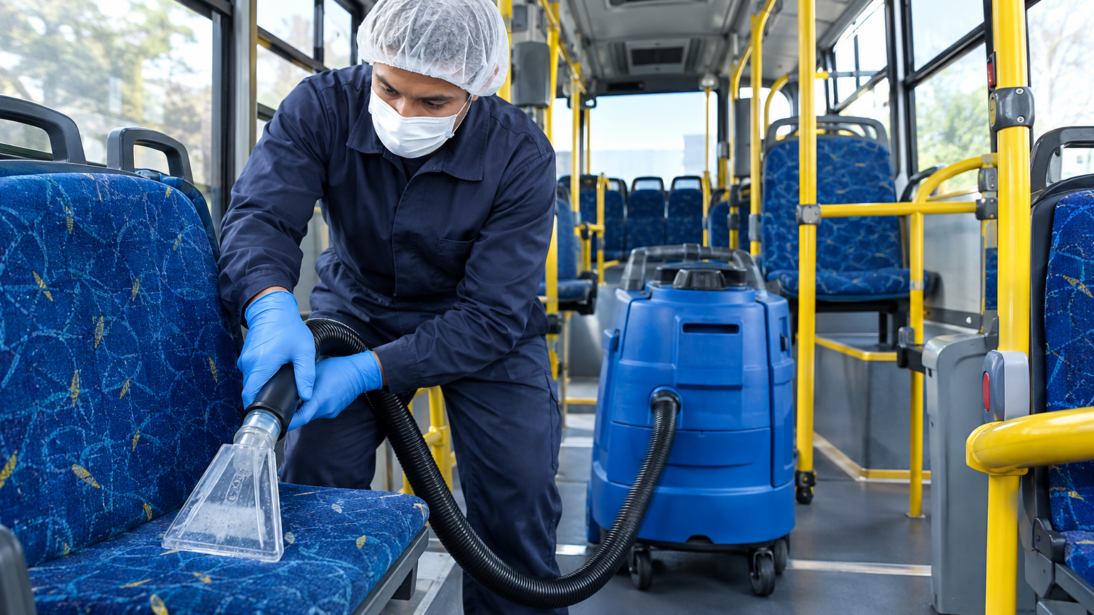Medewerker met bouffantmuts en mondmasker extraheert een busstoel met transparant handstuk