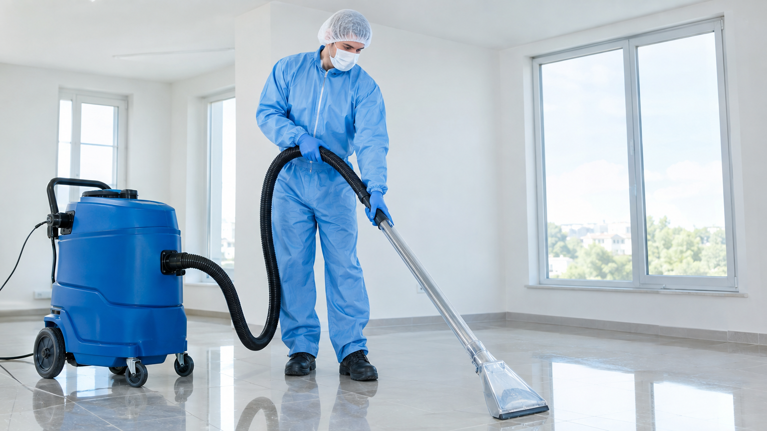 Dieptereiniging na renovatie in een appartement met transparant extractiehandstuk