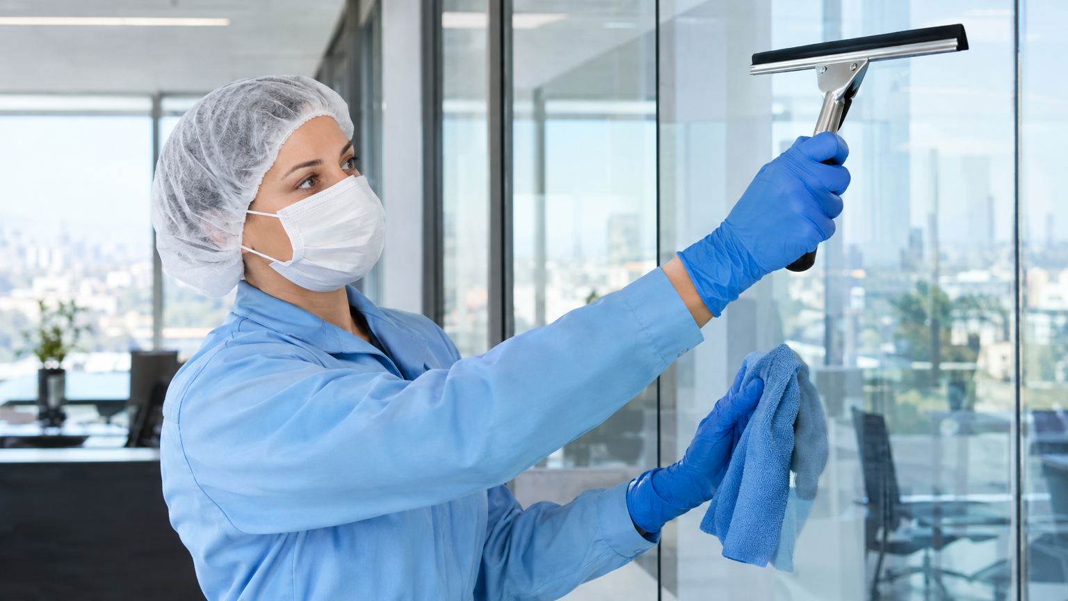 Streeploze reiniging van een glaspui met wisser en microvezeldoek