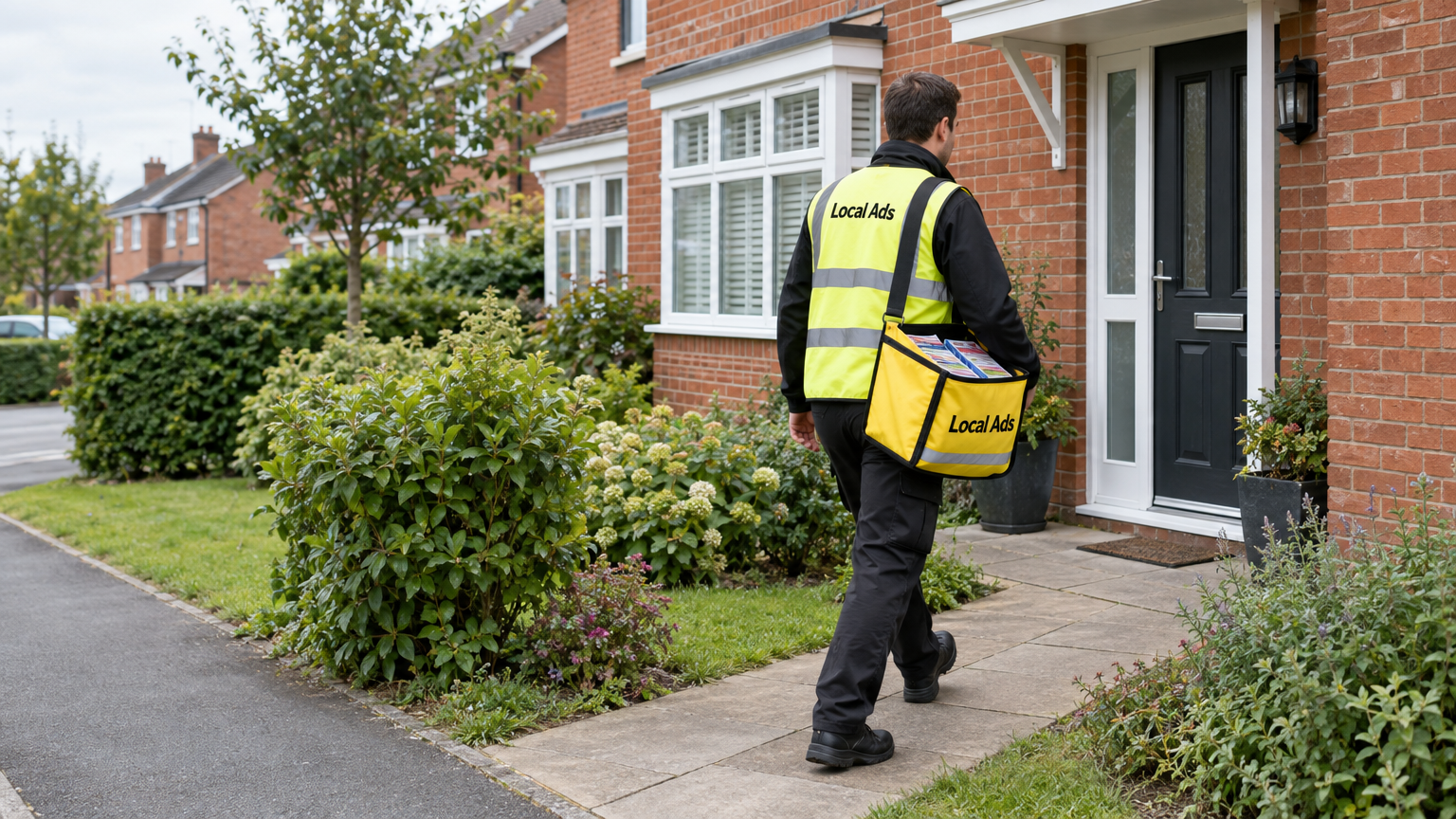 Local Ads leaflet distributor in a high-visibility vest walking toward a home