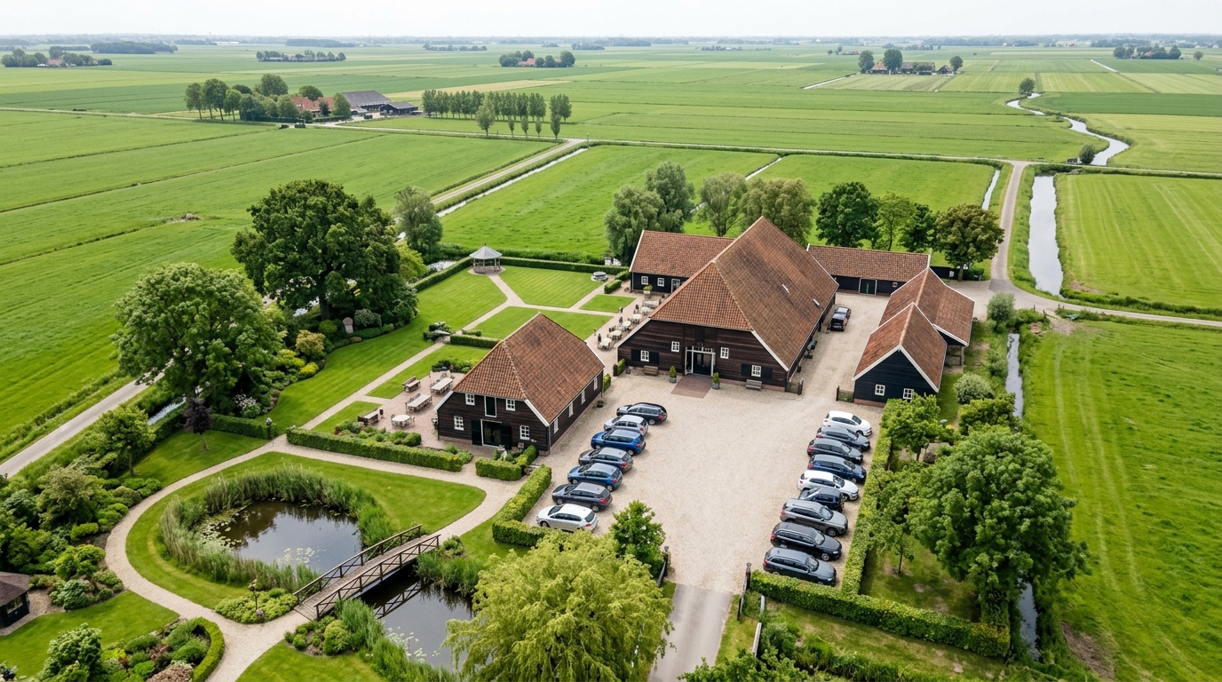 De tuin, boerderijgevel en groene omgeving van t Manneke aan de Groenzoom