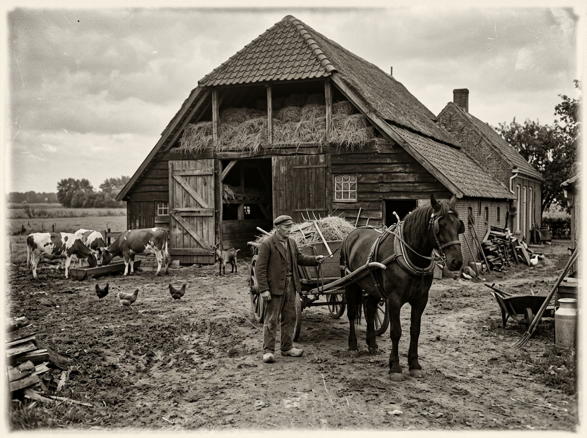 Archieffoto van de oude boerderij: boer met paard en wagen, hooi en koeien