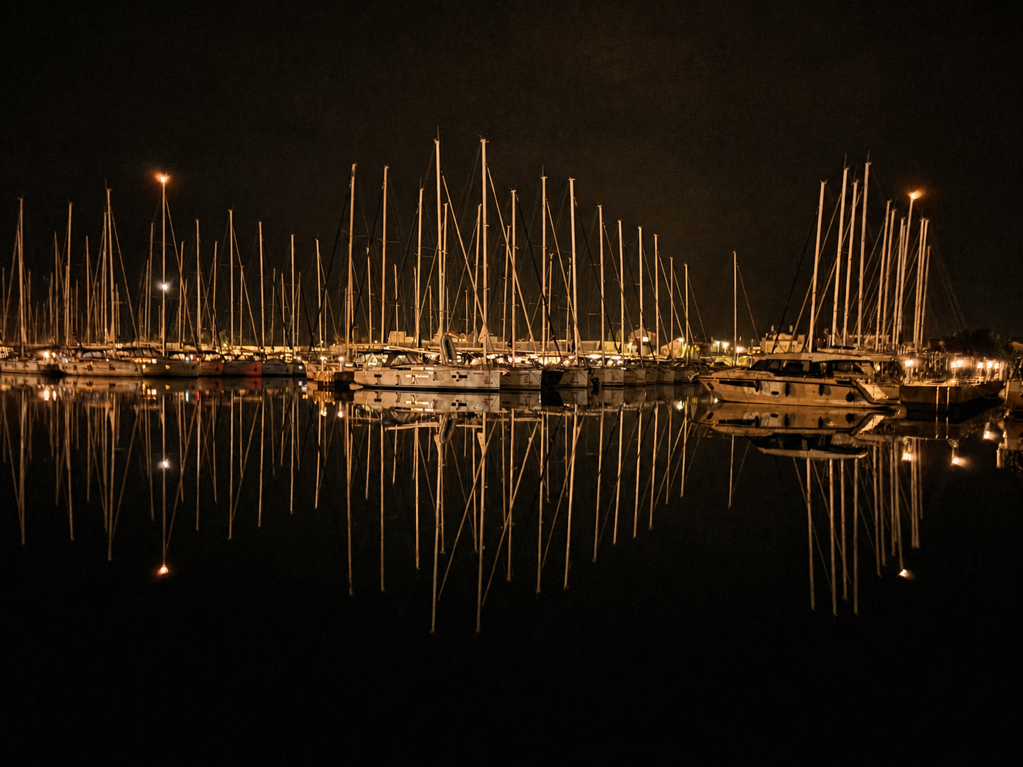 Noční marina se zlatým odrazem lodí