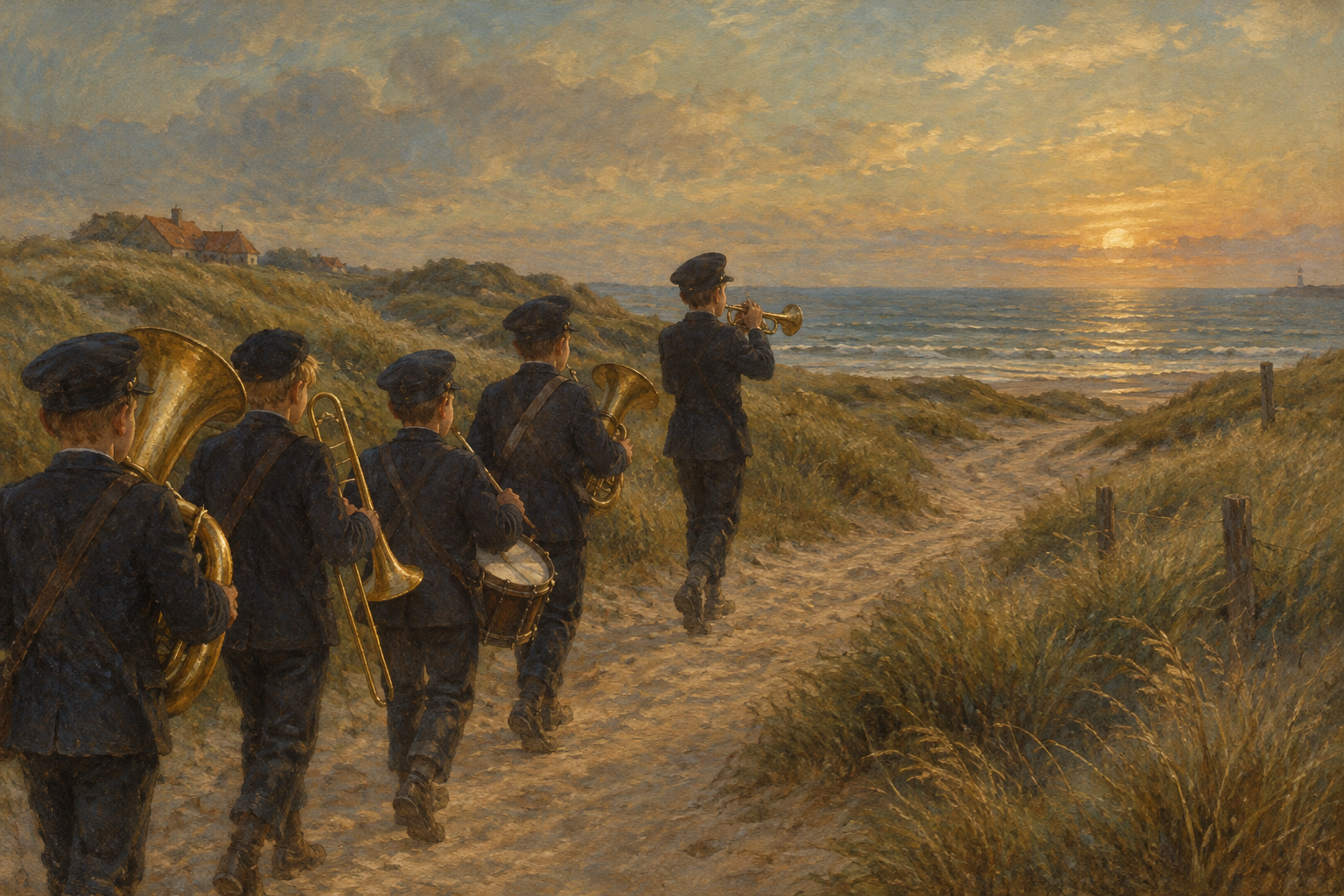 Maleri af et drengeorkester med messinginstrumenter, der marcherer gennem klitterne mod Vesterhavet i aftenlys