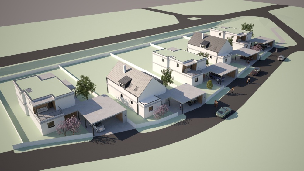Celková architektonická vize lokality Pod Topoly se všemi navrženými domy