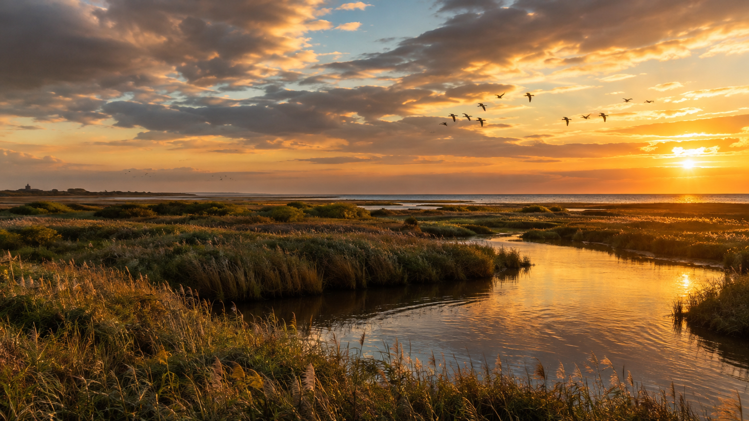 Suffolk coastal marshes at golden hour, with birds over the reedbeds