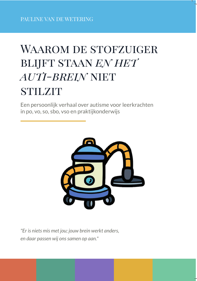 De voorkant van het boekje: een blauwe band met de naam van de auteur, de titel, een stofzuiger-illustratie en een gekleurde blokkenrand