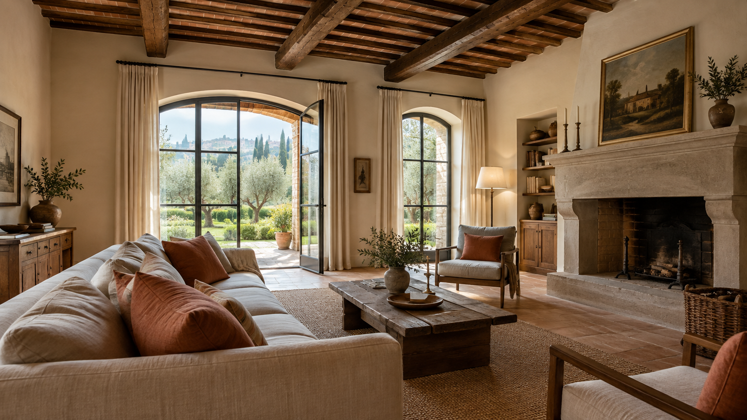 Soggiorno ristrutturato con soffitto in travi di legno a vista