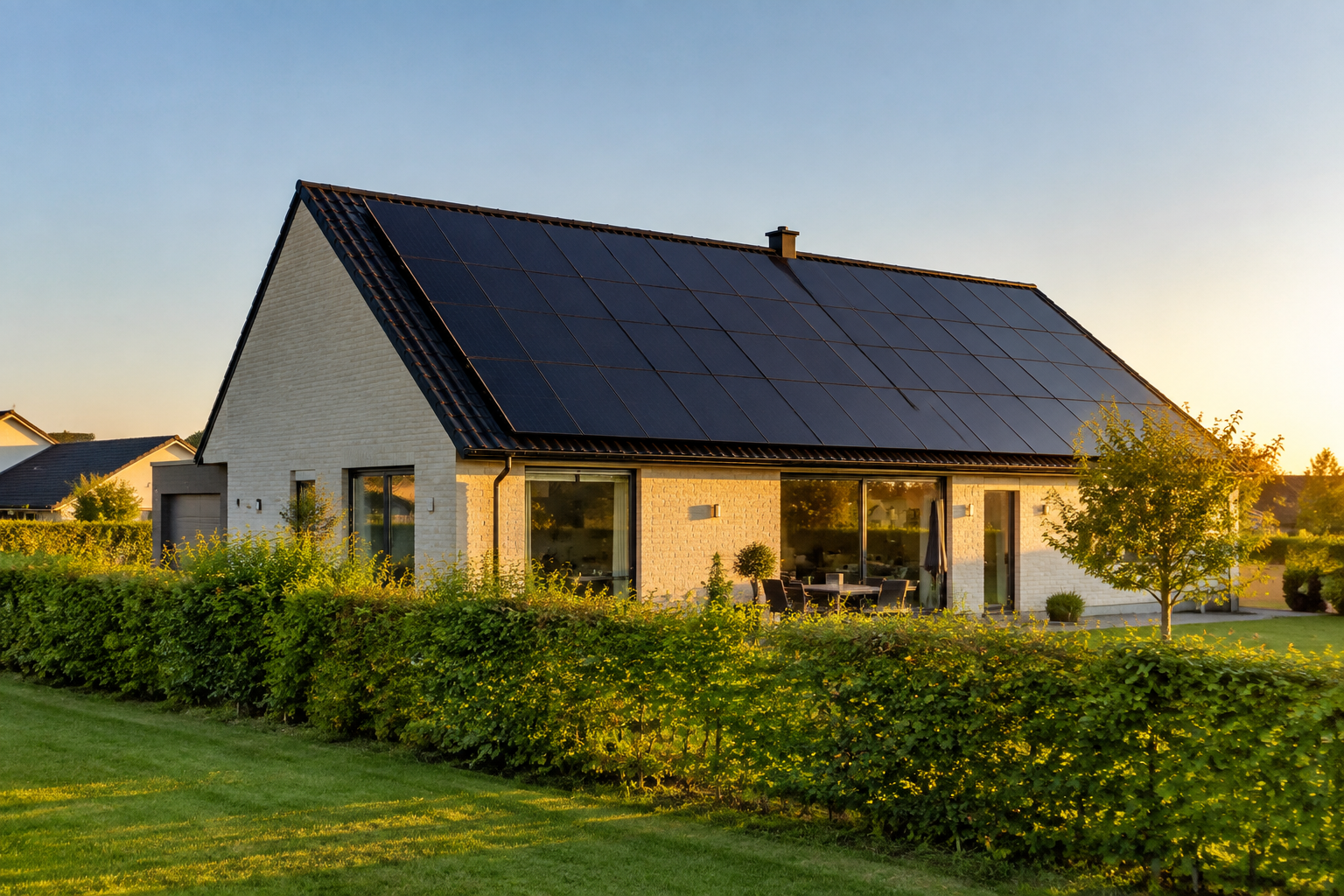 Moderne parcelhus med sorte solcellepaneler på taget i aftenlys