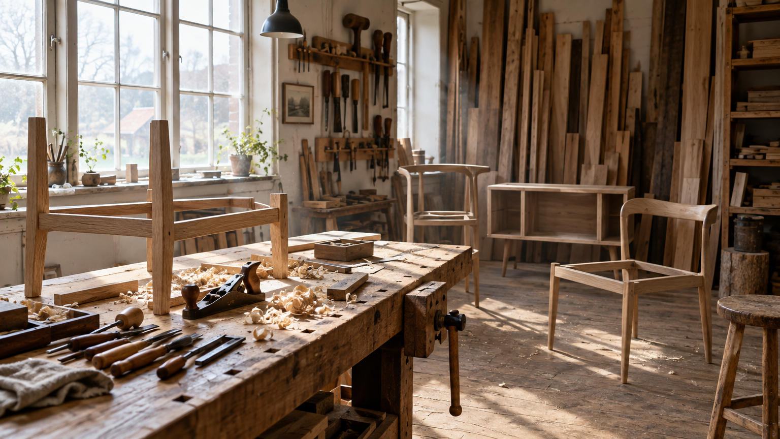 Wooden furniture in a bright workshop, reflecting the craftsmanship behind Mantaray