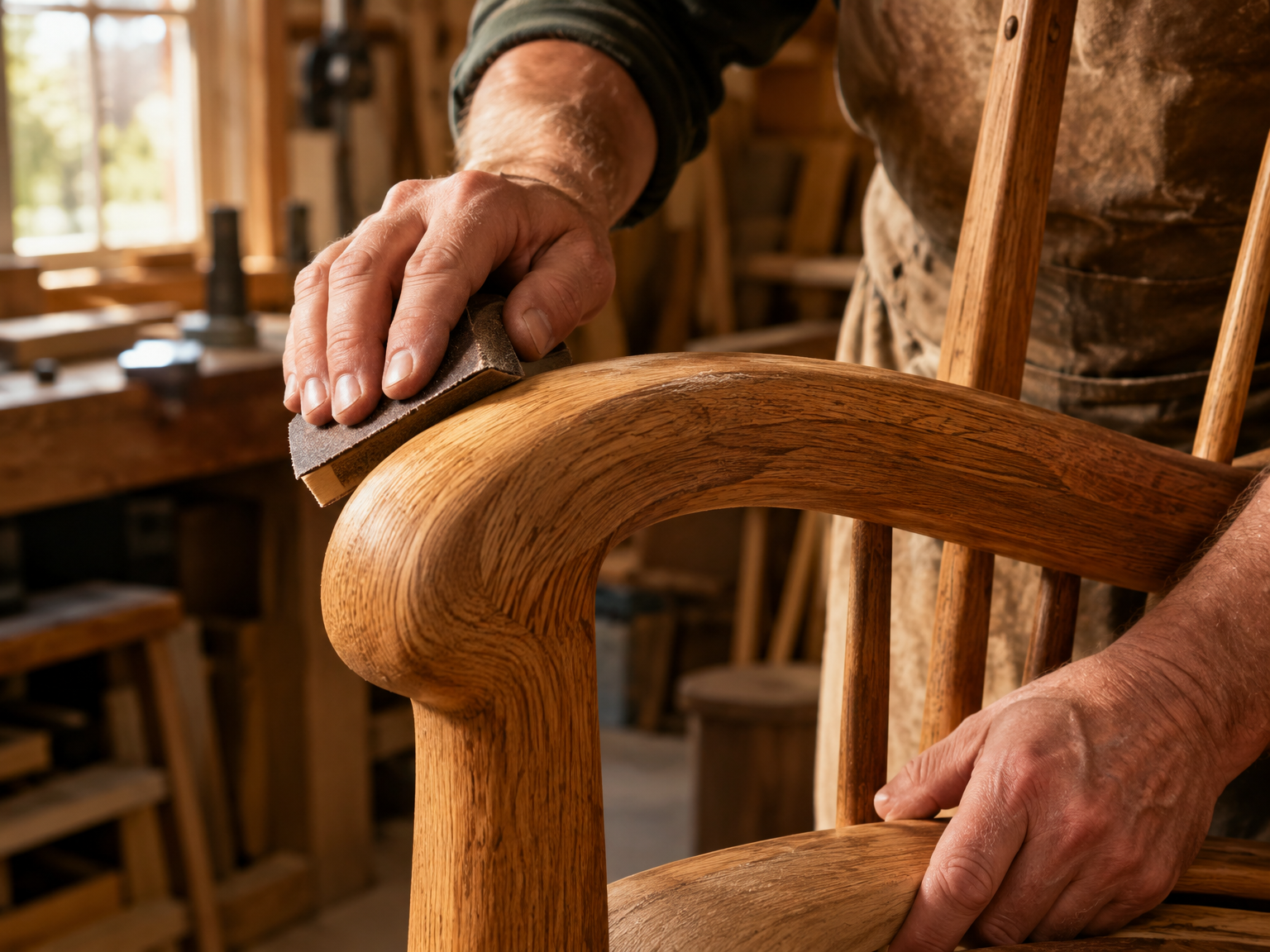 Craftsman working on a wooden chair frame with careful attention to detail