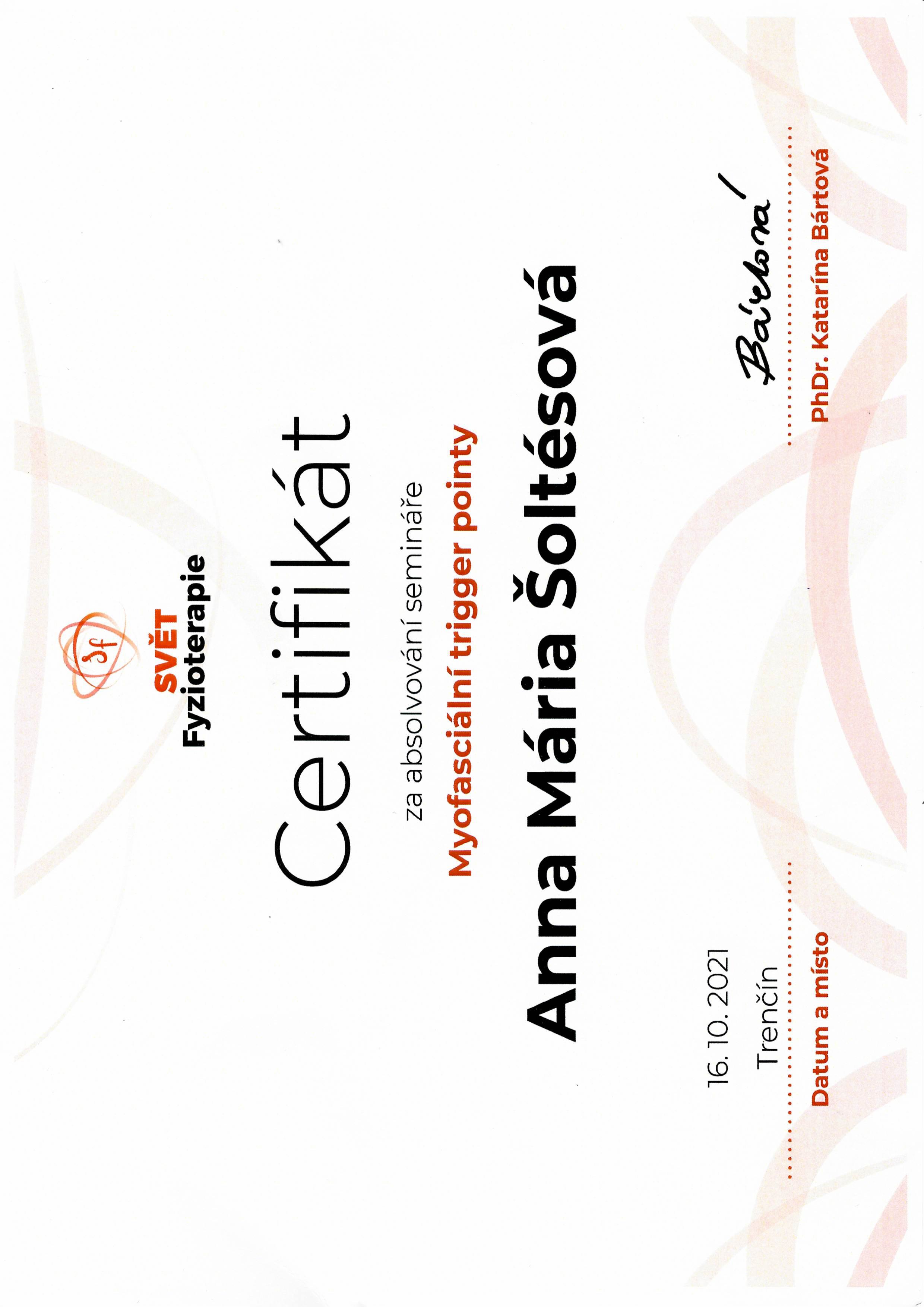 Certifikát - Myofasciální trigger pointy