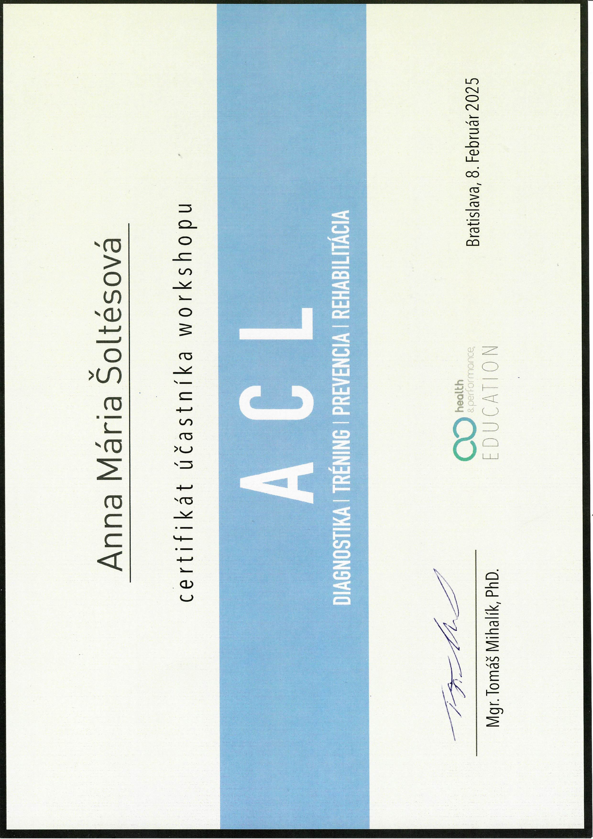 Certifikát - ACL workshop