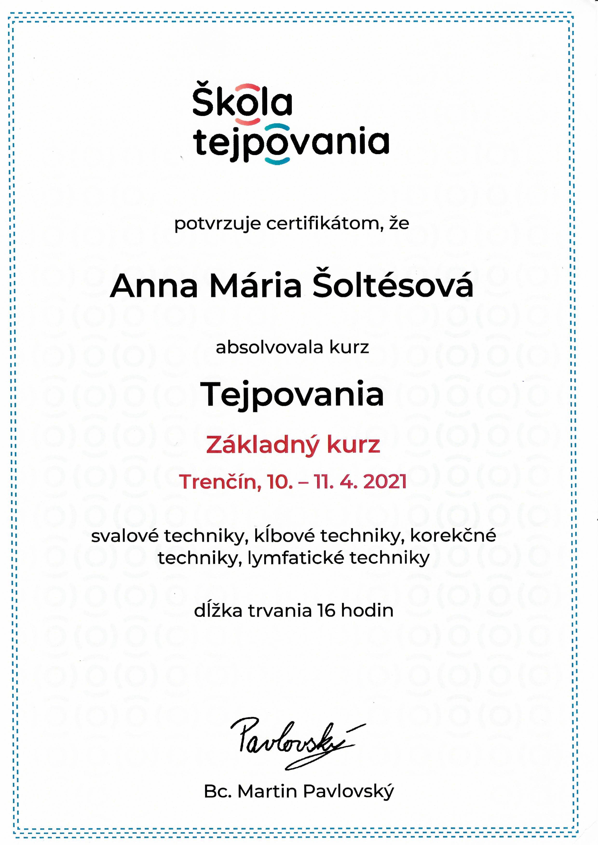 Certifikát - Tejpovania základný kurz
