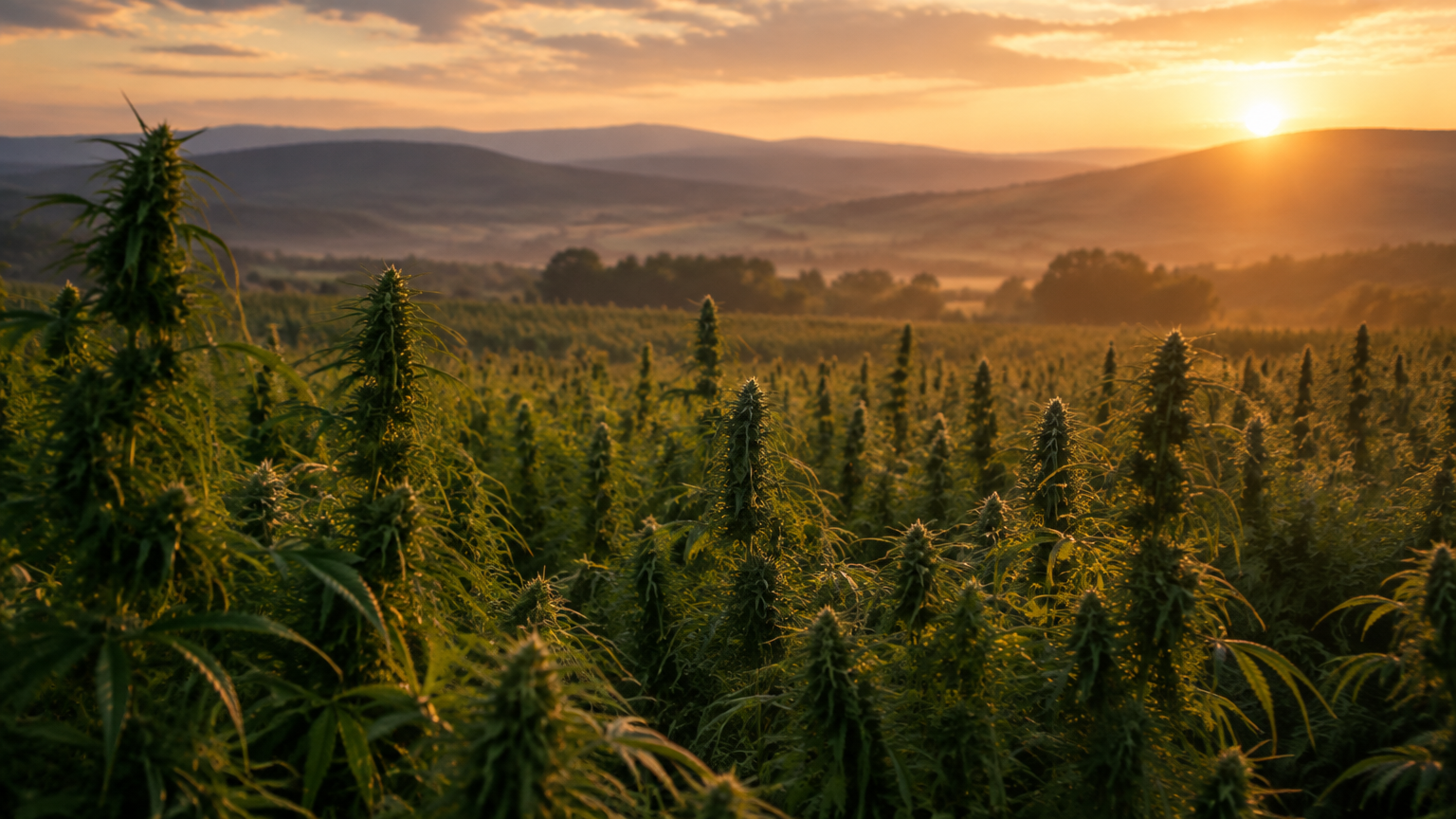 Pesticide-free Backens hemp field in Sweden at golden hour