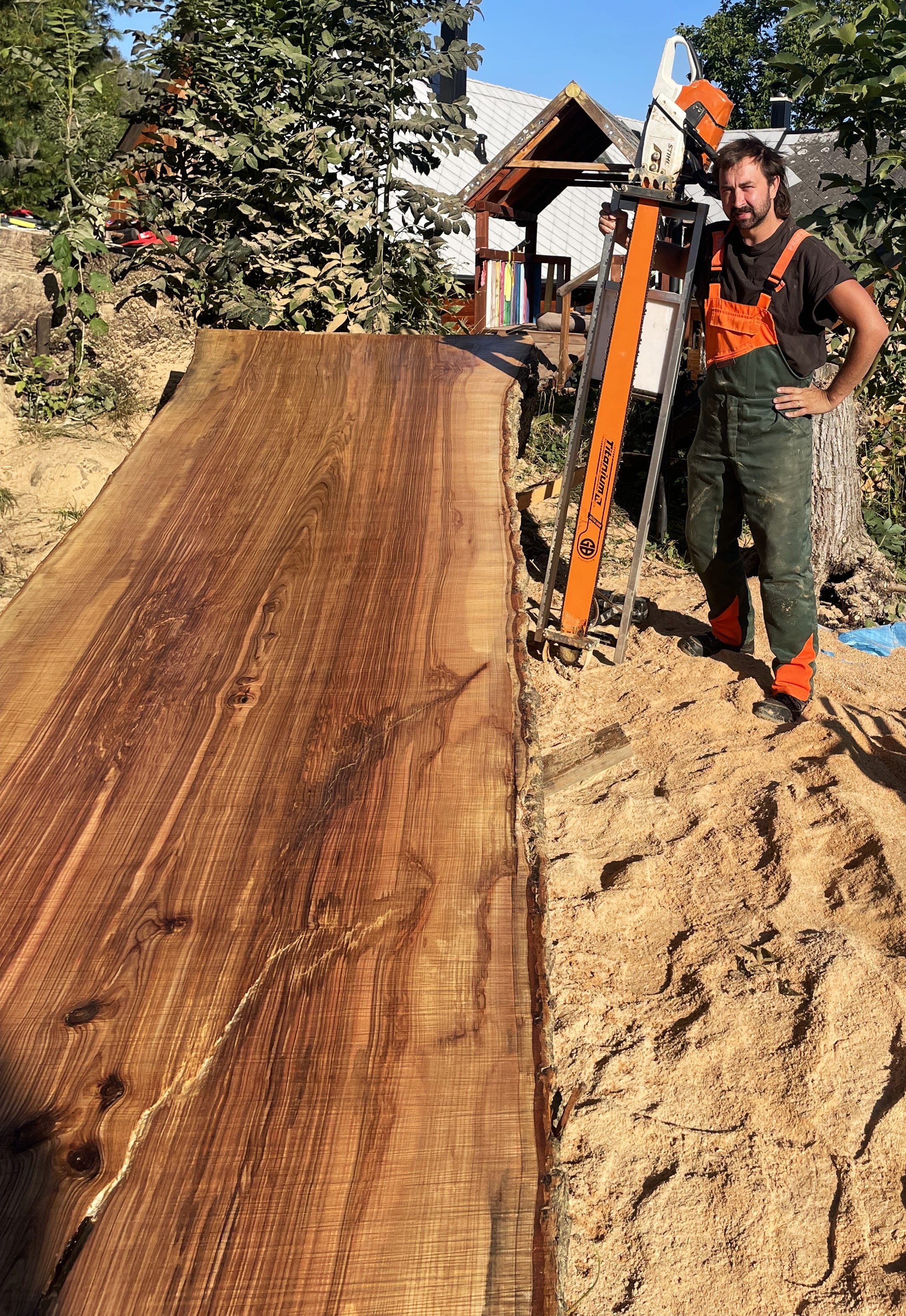 Řezání kmene na prkna mobilní pilou