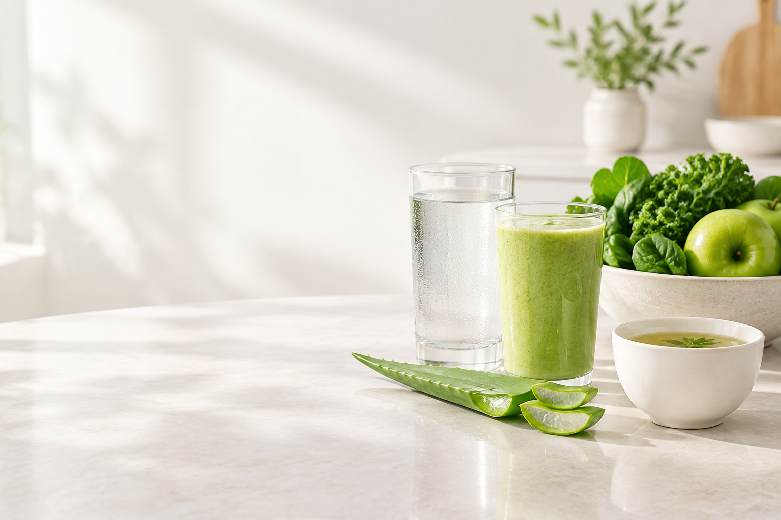 Bright minimal kitchen counter with a glass of water, a green smoothie, fresh aloe vera, herbal tea and a bowl of leafy greens