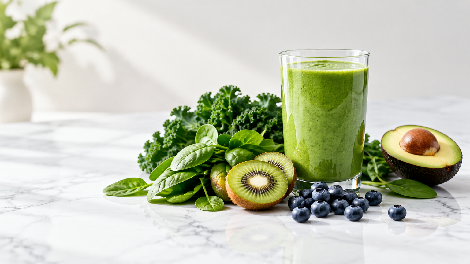 Glass of green smoothie beside fresh kale, spinach, kiwi, blueberries and avocado on white marble