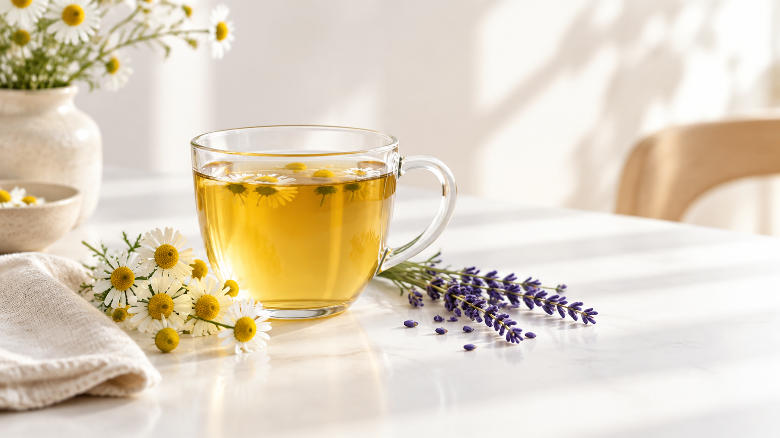 Glass mug of golden chamomile tea with chamomile flowers and lavender on a bright white table