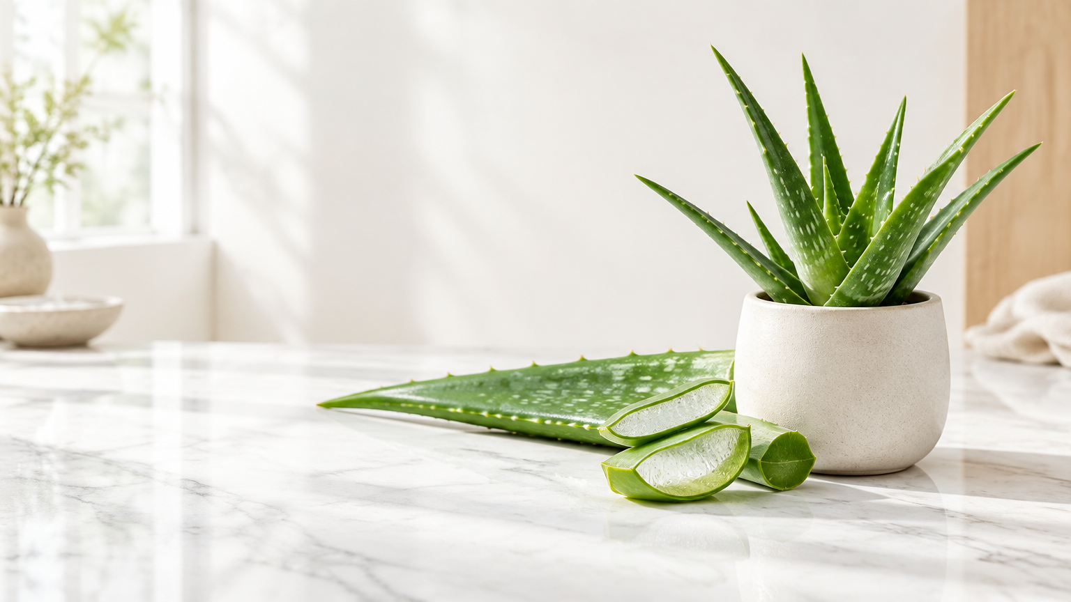 Fresh aloe vera leaves and cut aloe showing clear gel beside a potted aloe plant on white marble