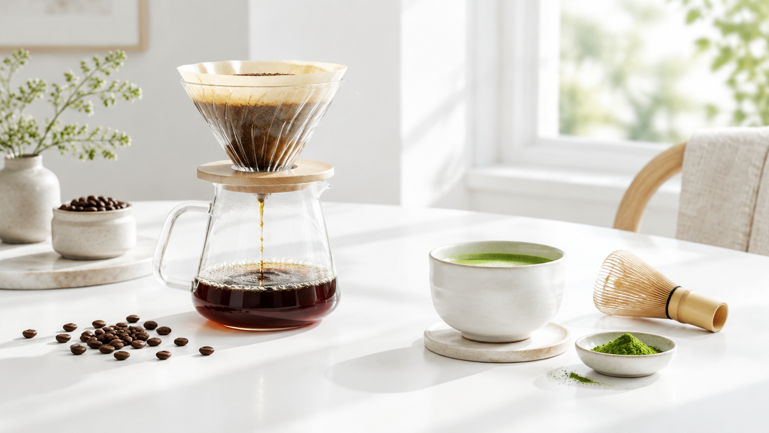 Glass pour-over coffee dripping into a carafe beside a matcha bowl and whisk on a bright white table