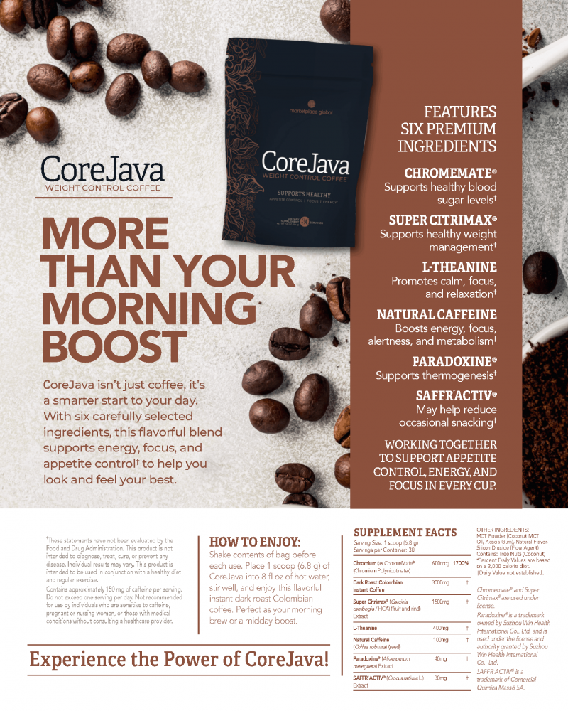 CoreJava Weight Control Coffee official product flyer from MarketPlace Global