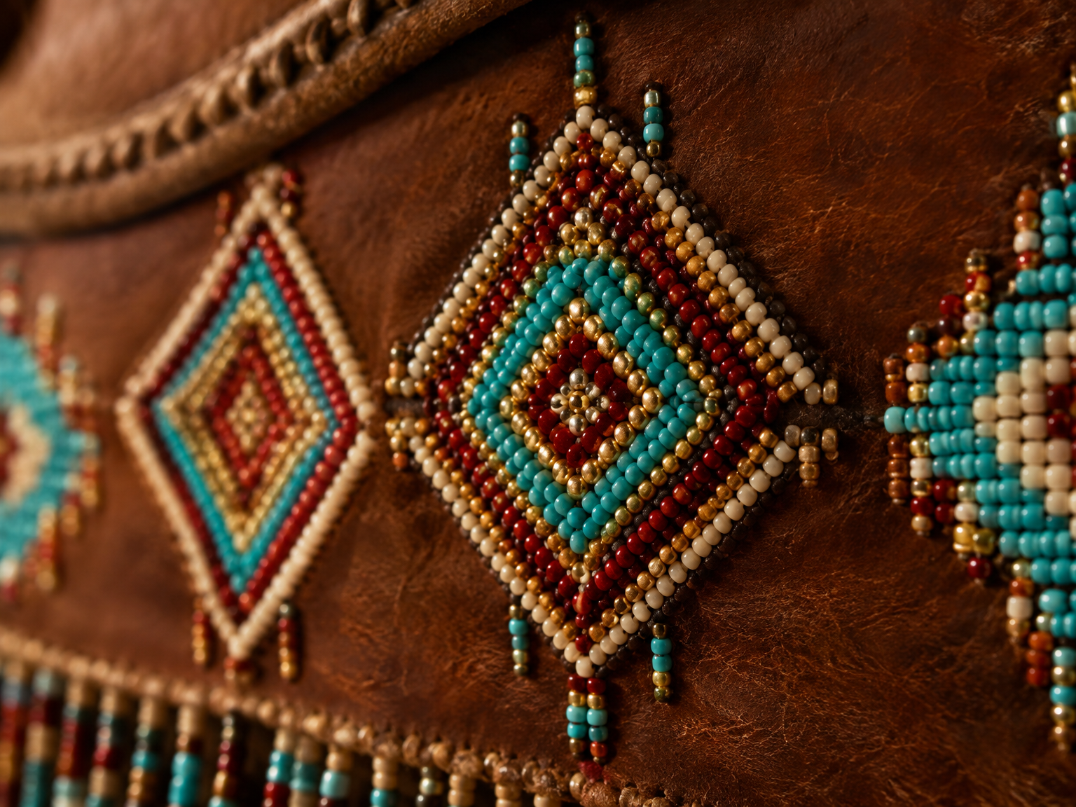 Close-up of intricate Blackfeet beadwork in turquoise, gold, and terracotta on leather