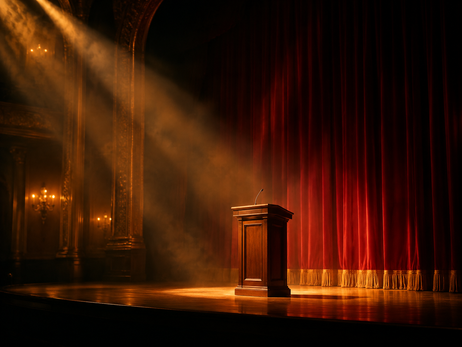 A grand stage with a wooden podium and red velvet curtain under warm light