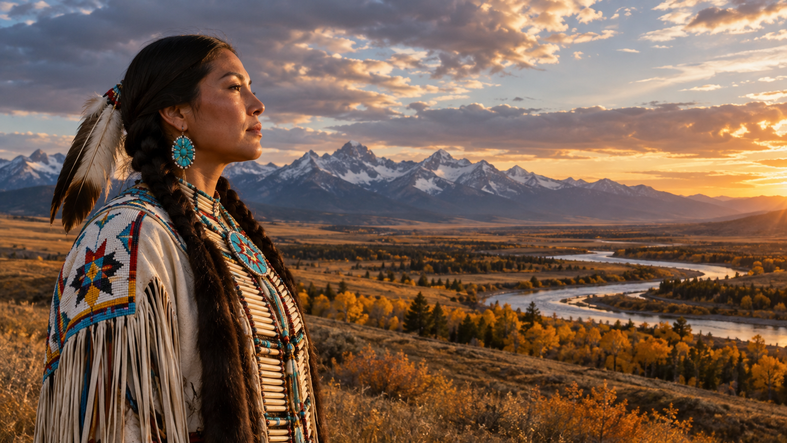 A woman in traditional beaded regalia overlooking a river valley and mountains at sunset