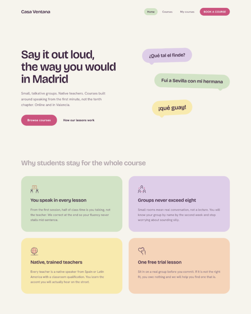 Language school site with course booking
