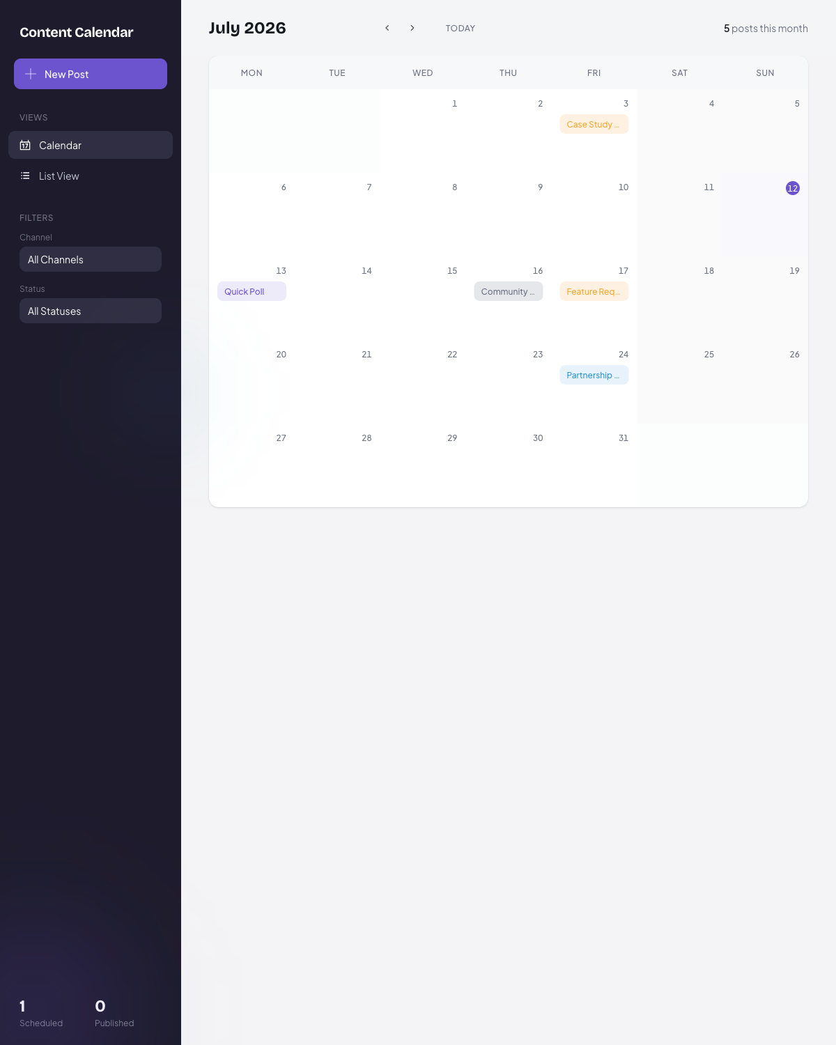 Content calendar app with drag-and-drop scheduling