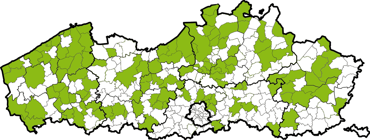 Kaart van Vlaanderen met bijenvriendelijke gemeenten ingekleurd