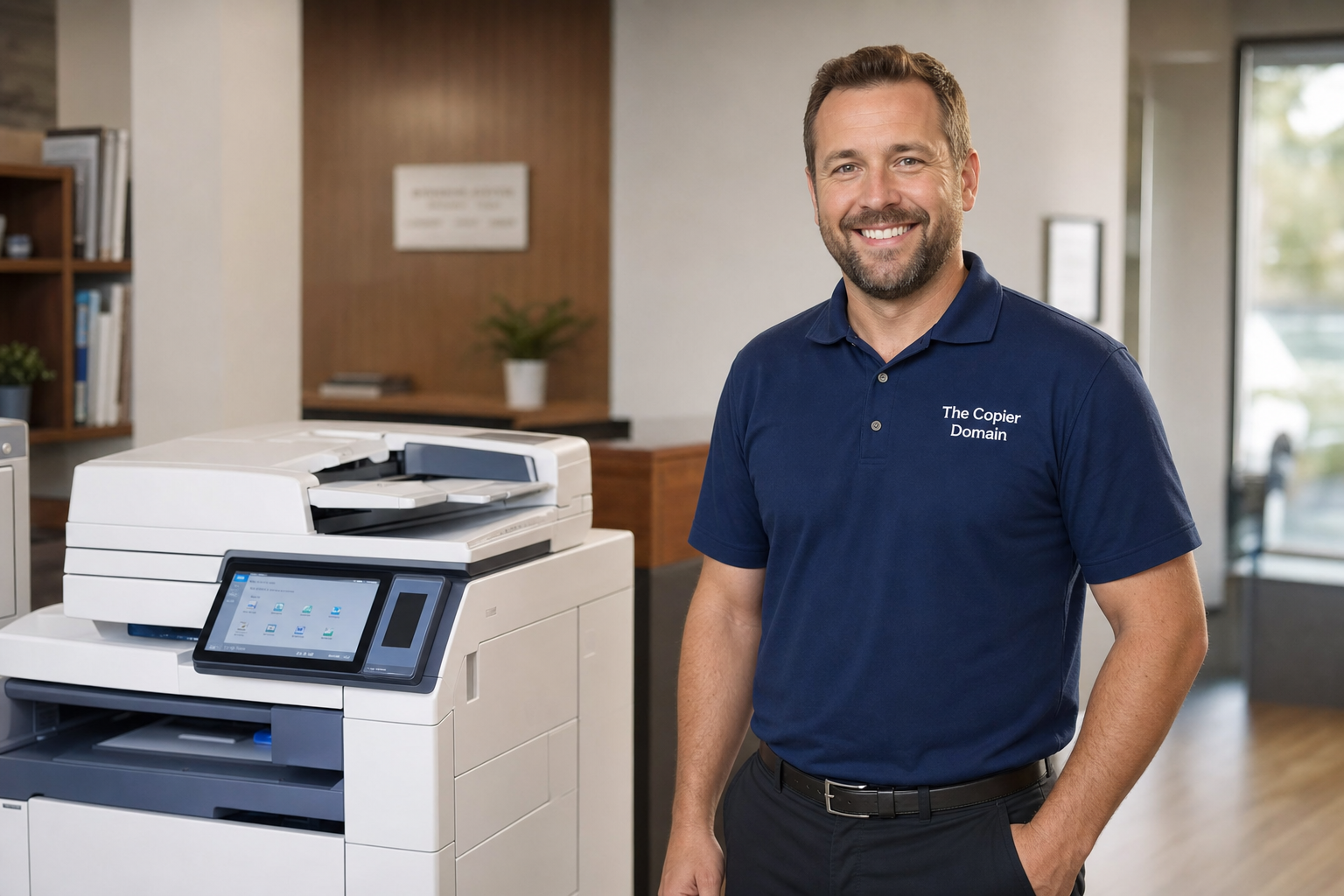 Friendly technician from The Copier Domain standing next to a commercial copier