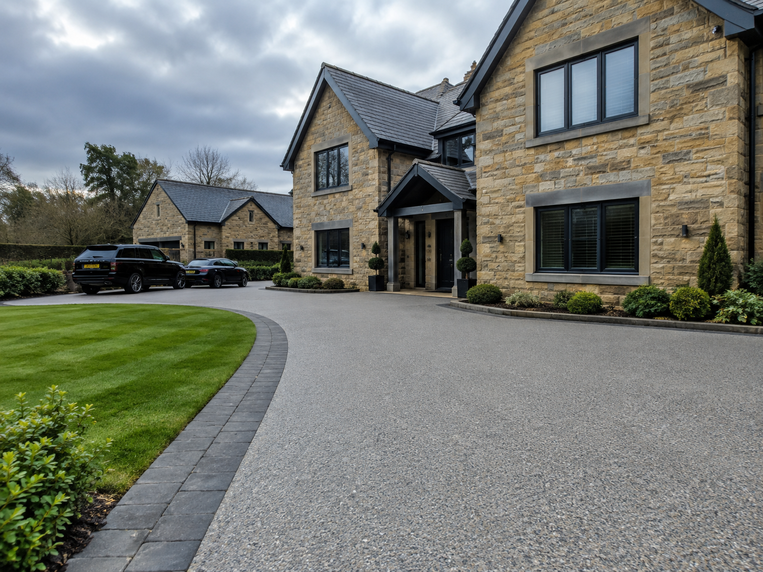 Silver grey resin driveway with block paving border at a sandstone house