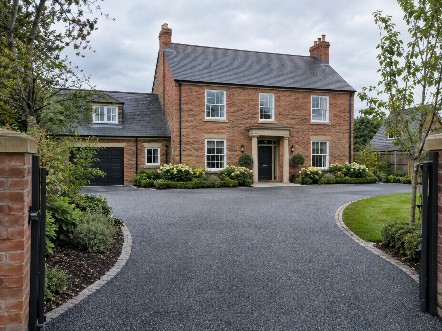 Dark grey resin bound driveway at a large detached brick house