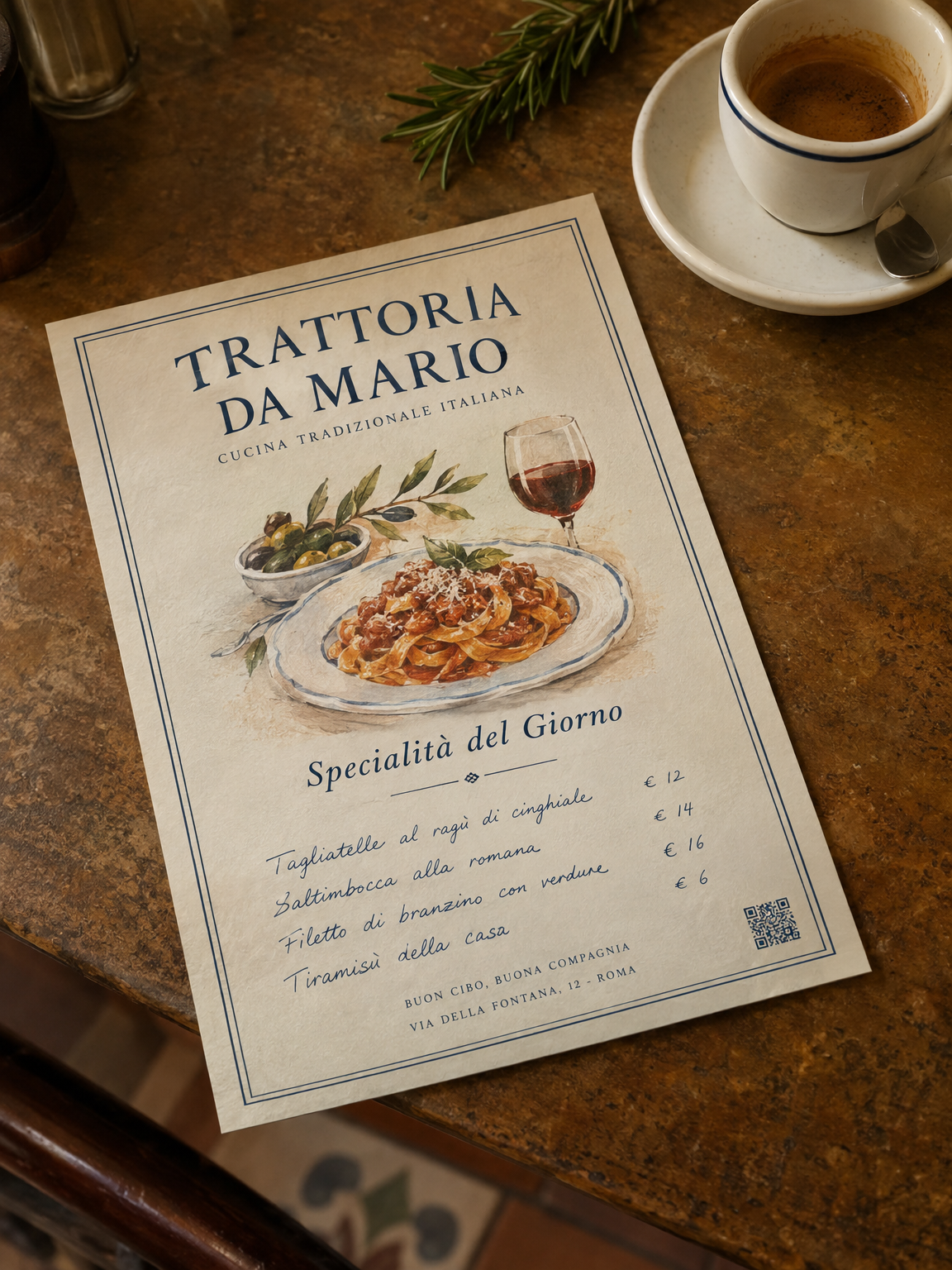 Facciata tradizionale del volantino: grafica classica con foto dei piatti, menù e orari